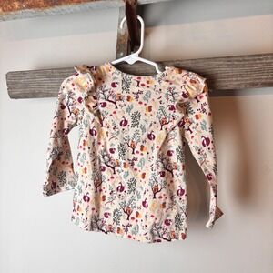 Toddler Girls Long Sleeve Ruffle Woodland Creature Print Shirt 18 Months